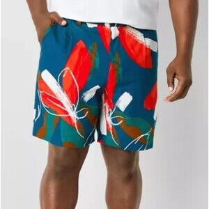 Shaquille O Neal Men Shorts 2XLT Linen Blend Blue Hawaiian Floral Beach Soft NWT